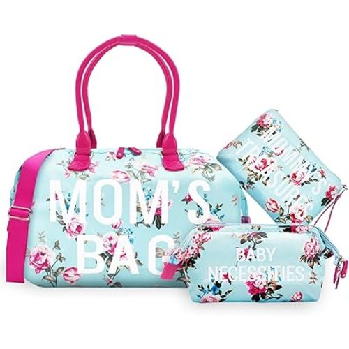 printe Mommy Diaper Bag Tote with 2 Organizers,Large Hospital Bag for Women Labor Delivery & Travel Baby Diaper Essentials Mom Weekender for Baby Care (Blue-Floral)