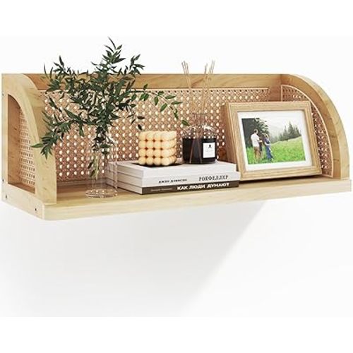 Wooden Rattan Wall Shelf, 16 Inch Long Hanging Shelves, Natural Wall Mounted Shelves, Easy to Install Floating Wall Shelves, Decorative Wall Shelves for Kitchen, Bathroom, Living Room