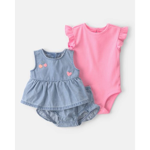 Baby Girl 3-Piece Cherry Chambray Sleeveless Top, Bodysuit & Short Set - Pink/Blue | Carter's