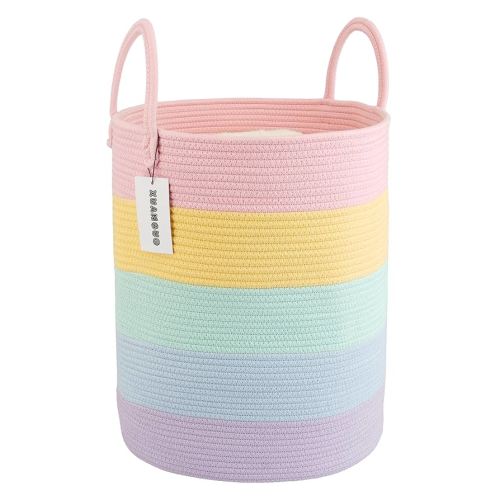 Rope Laundry Basket Hamper for Kids Girl Woven Storage Basket for Living Room Bedroom Boho Tall Baskets for Blanket Toys Pillow Towels Baby Nursery Hamper Bin rainbow