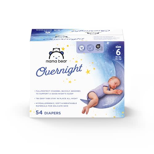Amazon Brand - Mama Bear Overnight Baby Diapers with Leak Protection and Skin Protection, Fragrance-Free, Size 6, Hypoallergenic, Chlorine Free, Dermatologist Tested, 54 Count