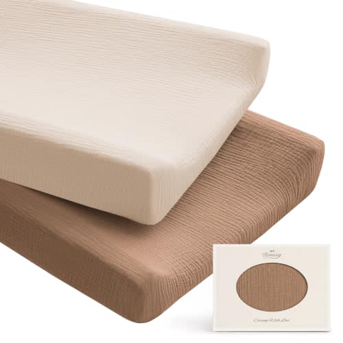 Konssy 100% Cotton Muslin Changing Pad Cover 2 Pack, 32"x16" Standard Fit | Ultra Soft & Breathable, Diaper Changing Table Sheets, Neutral Nursery Design, for Baby Boys Girls (Brown,Cream)