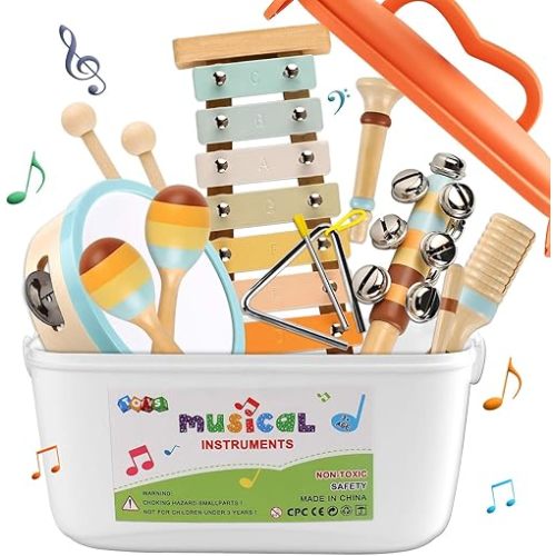 LOOIKOOS Baby Musical Instruments,Montessori Wooden Toys for Toddlers 1-3 Preschool Educational Neutral Colors Percussion Instruments Set with Modern Boho Xylophone for Kids