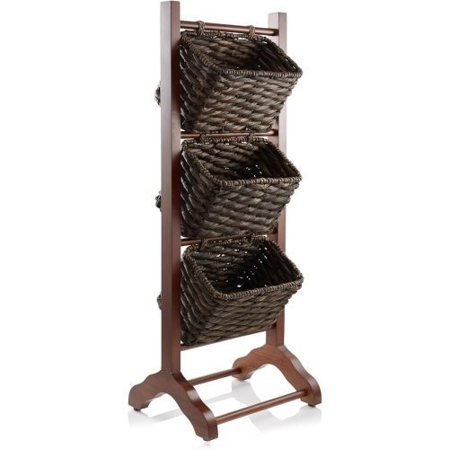Casafield 3-Tier Floor Stand with Water Hyacinth Storage Baskets, Walnut/Espresso - Standing Organizer Rack for Bathroom, Kitchen, Laundry, Living Room