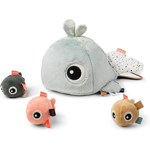 Done by Deer Wally Blue Hide&Seek Activity Toy - Playful Whale Design with Little Fish Friends - Various Sounds, and Hidden Mirror - Educational Benefits for Concentration and Hand-Eye Coordination