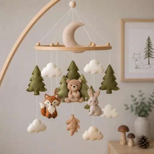 Woodland Animal Baby Mobile, Forest Theme Nursery Decor, Felt Fox Bear Bunny Mobile, Felt Baby Mobile, Nature Inspired Nursery Hanging