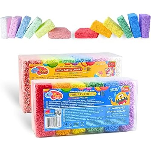 Silly Foam Creative Modeling Foam Beads, 2-Pack of 6 Primary + 6 Neon Pastel Blocks, No-Slime No-Mess, Perfect for Preschool, Kids, Arts & Crafts, Sensory Play, STEM, Travel Toy, Non-Toxic (Age 3+)