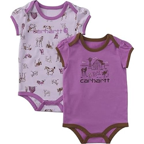 Carhartt Baby Girls' 2-Pack Puff-Sleeve Printed Bodysuits, Pink Farm Print, 3 Months