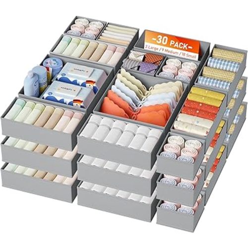 DIMJ Drawer Organizer Clothes, 30 Pack Dresser Organizer, Foldable Closet Organizers and Storage, Fabric Dresser Bins, Drawer Dividers for Nursery, Baby Clothes, Underwears, Sock,Gray