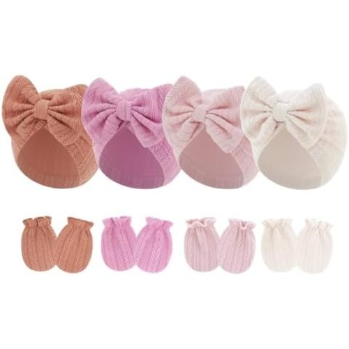 4 Pcs Newborn Hats Mittens Set Infant Cap Bow Hospital Beanie Preemie Hat for Baby Boy Girl 0-6