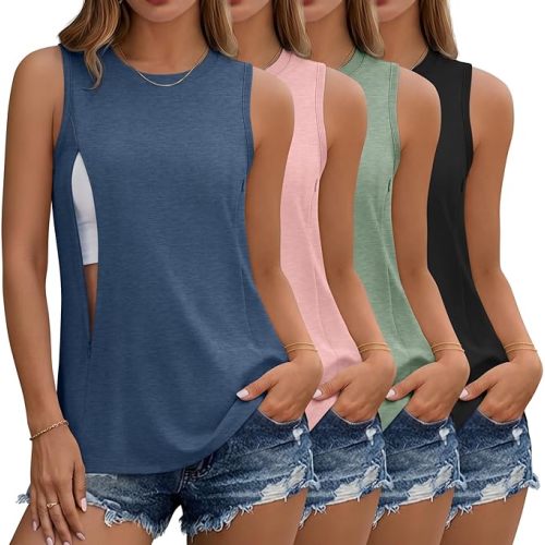 4 Pack Women's Nursing Tank Tops for Breastfeeding Hidden Zippers Sleeveless Nursing Shirts Loose Maternity Tops