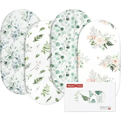 Gllquen Baby Bassinet Sheets 4 Pack, Breathable Cozy Fitted Mattress Sheet, Elastic Travel Crib Fashionable Floral Pattern, Standard Cradle Safe Sheets for Baby Boys Girls 32"x16"(Greenery)