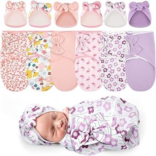 Ramede 6 Pack Preemie Swaddle Blanket with Hats Sleep Swaddle for Baby Boy Girl Preemie Newborn Sacks Soft Cotton Wearable (Bow,Pink)