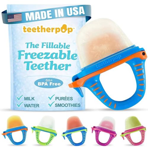 Fillable Freezable Teethers for Babies - Breastmilk Teether with Spill-Proof Sippy Slits – Teething Popsicle for Baby, Liquids & Purées, Cooling Teething Relief Feeder Pacifier - BlueLime