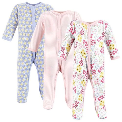 Hudson Baby Infant Girls Cotton Sleep and Play 3-Pack, Flower Market, 3-6 Months