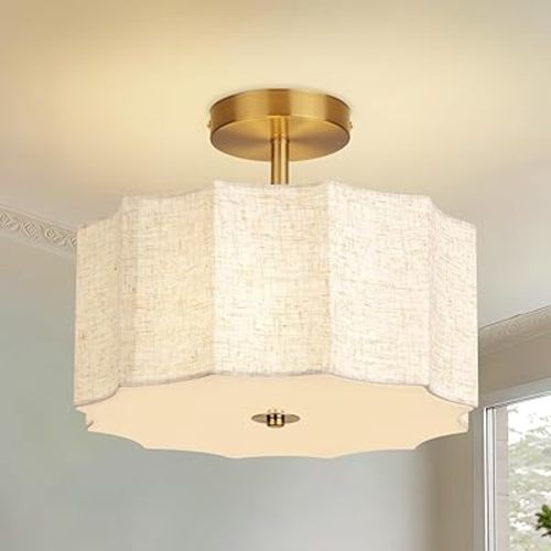13 Inch Modern Linen Petal Ceiling Light Fixture, Semi Flush Mount Drum Light for Bedroom Kitchen Dining Room Entryway, Fabric Lighting Lamp in Gold for Farmhouse Hallway Closet