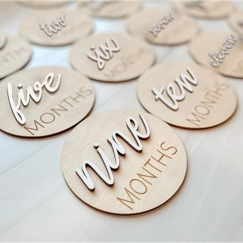 Baby Monthly Milestone Markers Disc, Wooden 3D Milestone Cards for Photos, Baby Announcement Sign, 1-12 Months, wooden baby milestone sign (White)