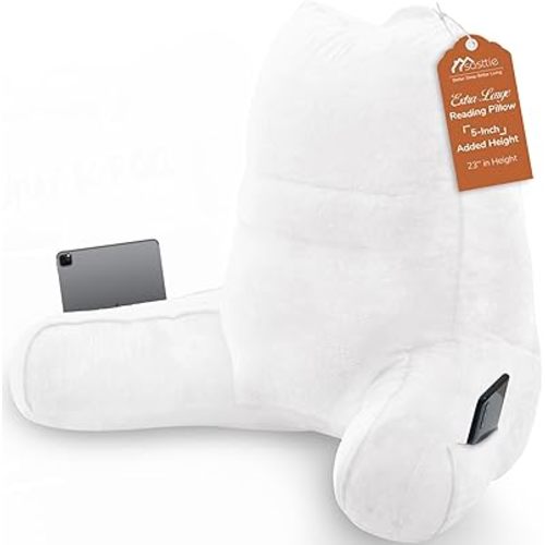 Sasttie Reading Pillow for Bed - 23 Inch, Back Pillow for Bed Sitting Up, Back-Rest Support Cushion with Side Pockets and Arms, Dorm Essentials, Oeko-Tex Certified, White