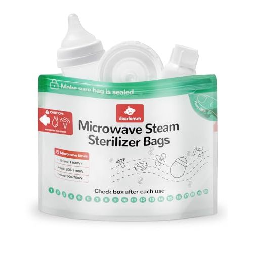 dearlomum Microwave Steam Sterilizer Bag for Baby Bottles 15 Count (20 Uses Per Bag), Reusable Travel Sterilization Pouches, Disinfection Container for Baby Pacifiers and Breast Pump Accessories