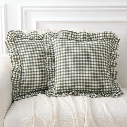2 Pack Sage Green Plaid Ruffle Gingham Throw Pillow Covers, 100% Washed Cotton Checkered Farmhouse Decorative Pillow Shams for Bed/Sofa - 18''x18''