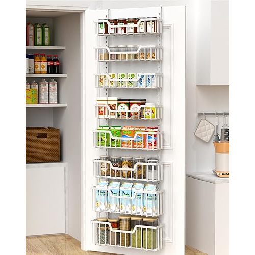 Over The Door Pantry Organizer, 8-Tier Pantry Door Organizer Shelves | 3 Sizes | Adjustable Basket | Metal Hanging Spice Rack for Kitchen, Pantry, Cabinet, Back of Door Seasoning Rack, White