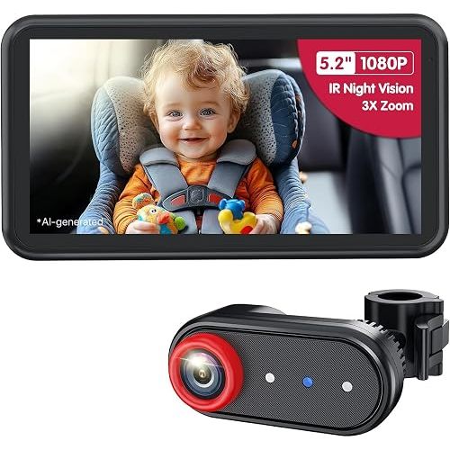 LUCKVIEW BM2A Baby Car Camera, Night Vision & 5.2" 1080P Display for Rear-Facing Car Seats, Easy No-Damage Install, Patented Anti-Shake Mount – Ideal for Parents and Pet Owners
