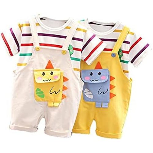 FTSUCQ Boys/Girls Striped Printed Casual Shirts Top + Cartoon Printed Bib Pants