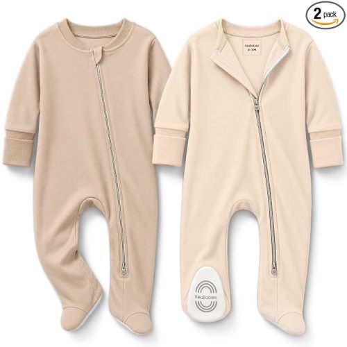2-Pack Baby Pajamas Footie – Baby Sleepers 0-3 Months, Organic Cotton Footed Newborn Pajamas with Mitten Cuffs, Double Zipper Jammies, Soft, Breathable, Unisex Sleep and Play PJS (Ecru, 0-3 Months)