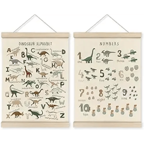 HRQKO Dinosaur Alphabet Poster Hanger Frame Set of 2, Dinosaur Wall Decor, Nursery Wall Decor, ABC Poster Wall Art with Wooden Frames, Alphabet Banner Wall Hanging Decor for Boys Room,12x16 Inch