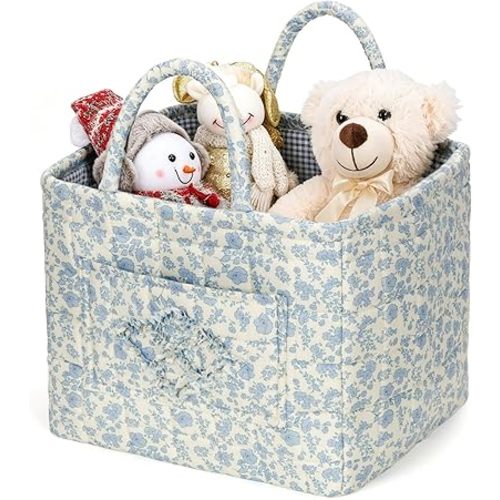 Storage Basket Boho Fabric Large Collapsible Floral Laundry Nursery Hamper Portable Folding Storage for Clothes Toys (Blue Floral B)