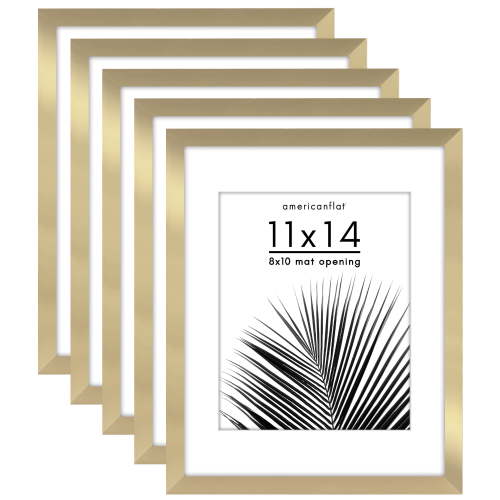 Americanflat 5 Pack of 11x14 Frames with 8x10 Mat - Plexiglass Cover - Gold