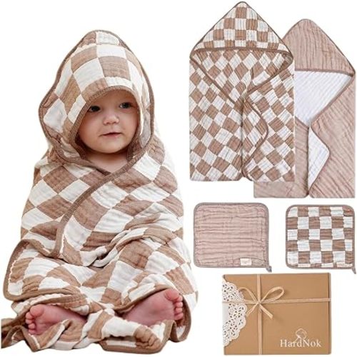 Muslin Baby Bath Towels Set Organic Cotton Blend (Coffee Check)