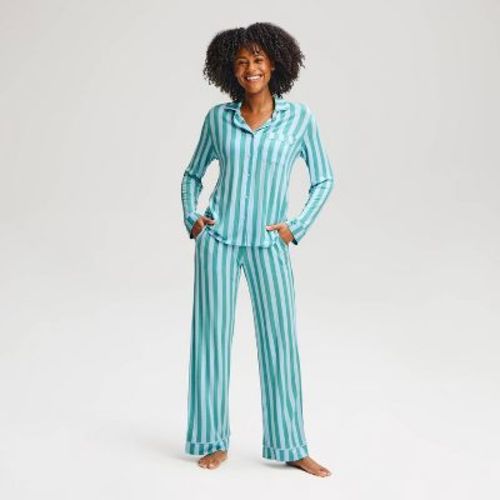 Women's Cloud Knit Modal Long Sleeve Notch Collar Top and Pants Pajama Set - Auden™ Blue/Green Striped L
