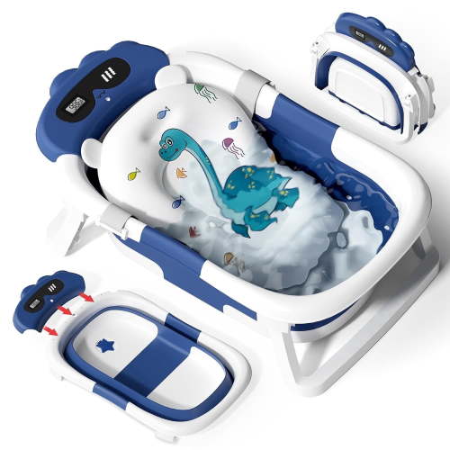 Halicool Collapsible Baby Bathtub with Cushion, Portable Infant to Toddler Bath Tub, PP Safe Material, No-Slip Design, Thermostatic Drain