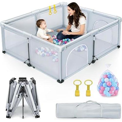 Foldable Baby Playpen 59"X71", Foldable Playpen for Babies and Toddlers, with 50 Balls & 2 Handlers,Indoor&Outdoor Portable Play Pen. Quick Installation & Folding Baby Play Pen