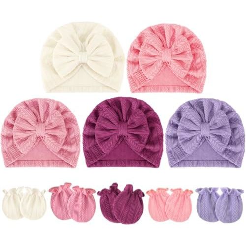 BQUBO Baby Turban Hats and Mittens Set Newborn Infant Hospital Hats Caps with Bows for Baby Boys Girls 0-12 Months