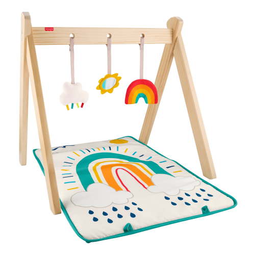 Fisher-Price Wooden Activity Gym, Wood Frame with 3 Sensory Toys & Mat for Newborn Babies