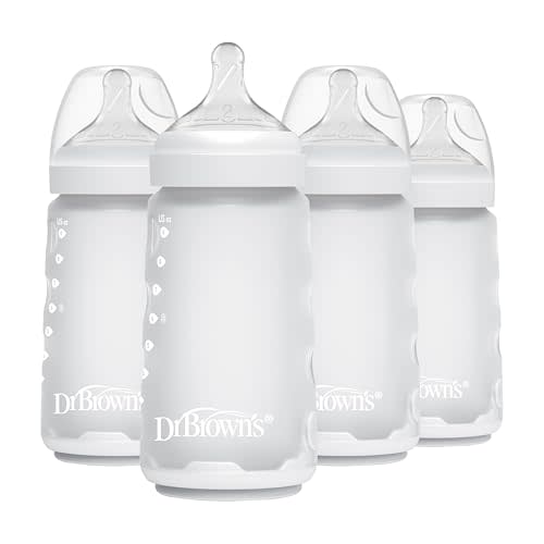 Dr. Brown's Silicone Baby Bottle with Collapsible Insert Designed to Reduce Colic, 9 oz with Wide-Neck Level 2 Medium Flow Nipple, 3m+, White/Ecru, 4-Pack