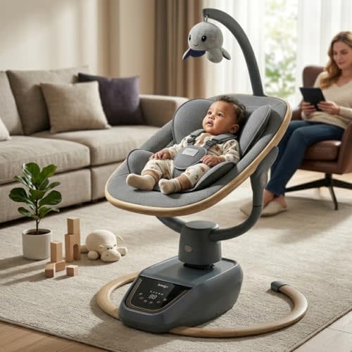 Trimigo Electric Baby Swing for Infant to Toddler,Newborn &Infant Swing | 180° Adjustable, Remote, 5-Modes, 4-Speed, 3-Seat Height, 8 Melody. swing for newborns & toddlers, soft seat.Wood Tone