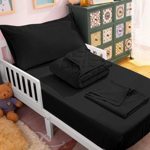 4 Piece Toddler Bedding Set, Soft Crib Bedding Set, Includes Quilted Comforter, Fitted Sheet, Flat Sheet and Pillowcase, Black - NTBAY