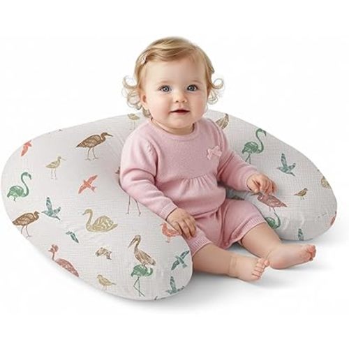 Little Grape Land Nursing Pillow, Breast Feeding Pillows, 100% Cotton Muslin Cover Baby Support Pillow for Bottle Feeding, Sitting, Tummy Time, Machine Washable Cover (Wetland Bird, Upgraded Model)