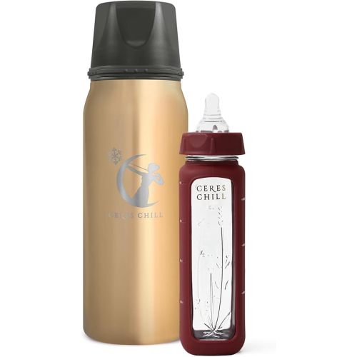 Ceres Chill Breastmilk Chiller/Warmer Bundle, 27oz of Storage, 20 Hour Chill, Comes with Glass Baby Bottle for The Ultimate Bottle Warming Duo (You're So Golden Chiller & Plum Bottle)