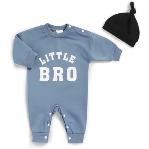 Newborn Boy Fall Winter Outfits Baby Boy Soft Cotton Romper Little Bro Print Jumpsuit Coming Home Clothes with Hat