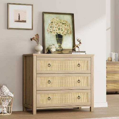 Rattan 3 Dresser for Bedroom, 29" Boho Tall Drawer Dresser with Storage, Wooden Closet Dressers Chest of Drawers Freestanding for Home, Natural
