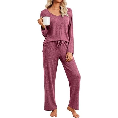 Ekouaer Pajamas for Women Set Long Sleeve 2 Piece Lounge Sets V Neck Matching Pjs Soft Sleepwear Fall Winter S-XXL