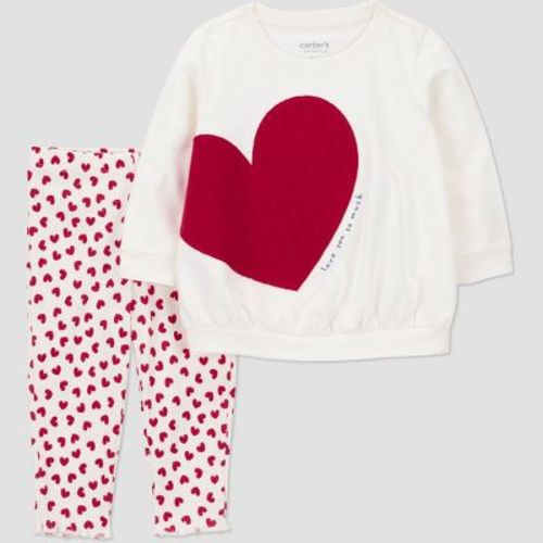 Carter's Just One You® Baby Girls' 2pc Valentine's Day Love U So Much Heart Fleece Sweatshirt and Leggings Set - Cream 9M