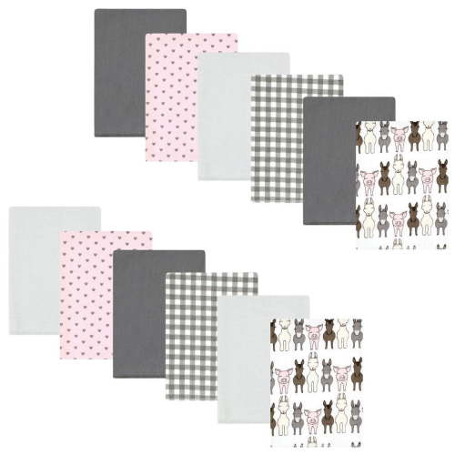 Hudson Baby Infant Girl Cotton Flannel Burp Cloths Bundle, Farm Friends Pink, One Size