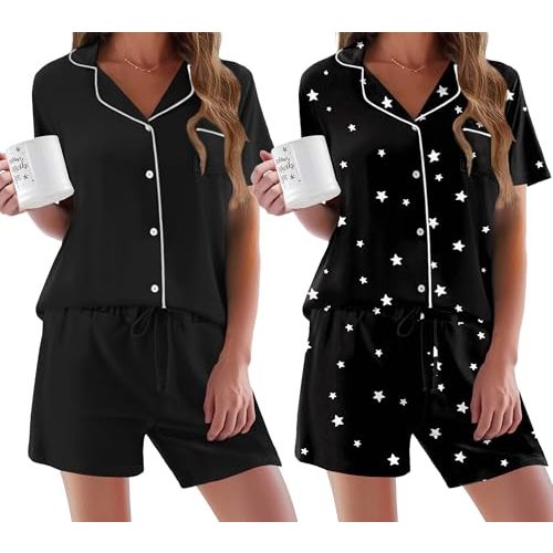 Ekouaer Womens Pajamas Set 2 Pack Button Down Summer Sleepwear Short Sleeve Comfy Pjs Loungewear Set