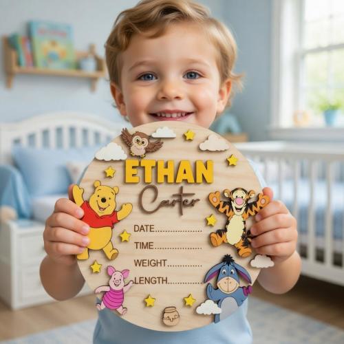 Winnie the Pooh Birth Announcement Sign, Wooden Newborn Stats Board, Personalized Pooh Tigger Piglet Eeyore Nursery Decor, Disney Baby Gift
