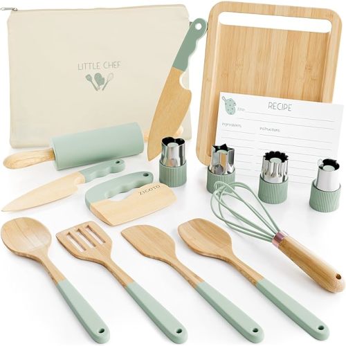 Wooden Cooking & Baking Set for Kids - Safe & Real Kitchen Tools Give Toddlers a Fun Cooking Experience - Durable Utensils are Perfect for Gifting to Create Lasting Family Memories